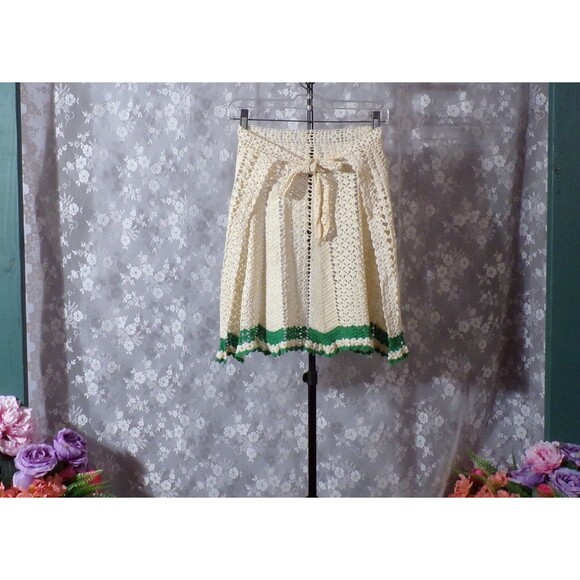 Vintage 40s Apron 1940s Crochet Ivory Green Cottagecore Retro Kitchen Gift - Picture 2 of 4